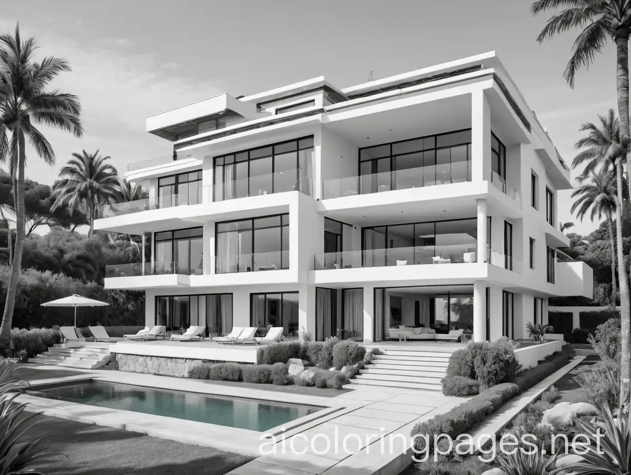 luxury modern villa at the sea, streight lines, Coloring Page, black and white, line art, white background, Simplicity, Ample White Space., Coloring Page, black and white, line art, white background, Simplicity, Ample White Space. The background of the coloring page is plain white to make it easy for young children to color within the lines. The outlines of all the subjects are easy to distinguish, making it simple for kids to color without too much difficulty