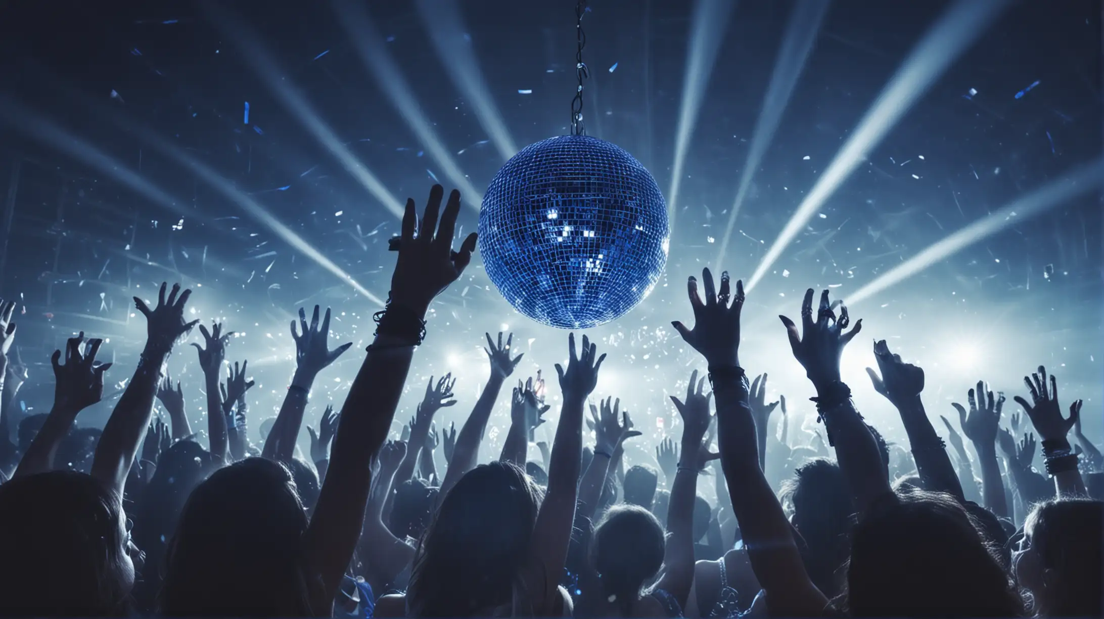 A party of young people, upper body silhouettes, festive atmosphere, blue tone, disco ball high up