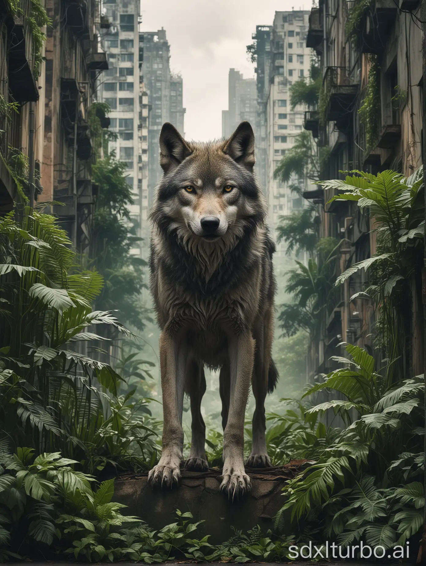 Wolf in urbanerUmgebung die von Dschungel überwuchert ist
