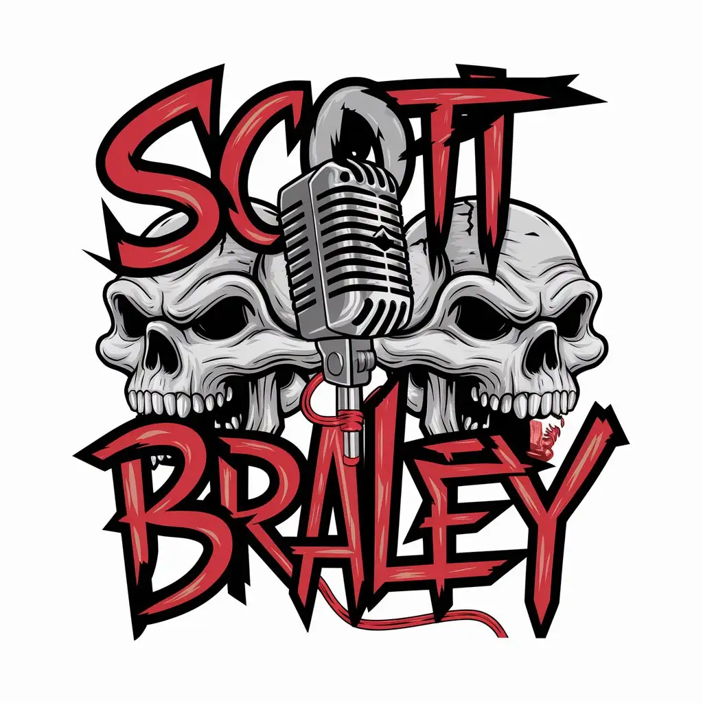 compose the words "scott braley" as a logo with skulls and a microphone incorporated