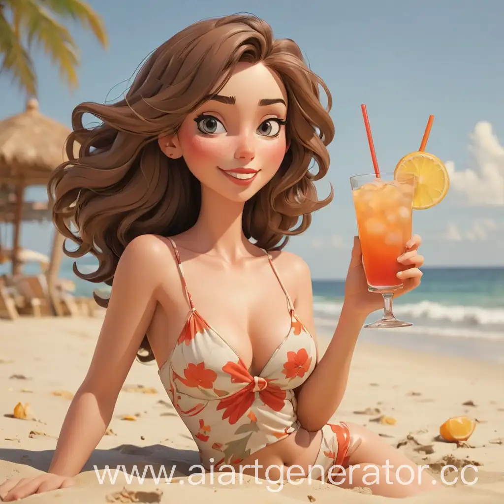 мультяшная женщина на пляже с коктейлем