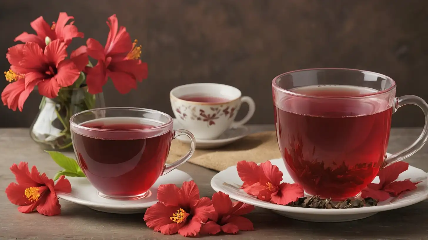 Imágenes de flores de hibisco y una taza de té rojo