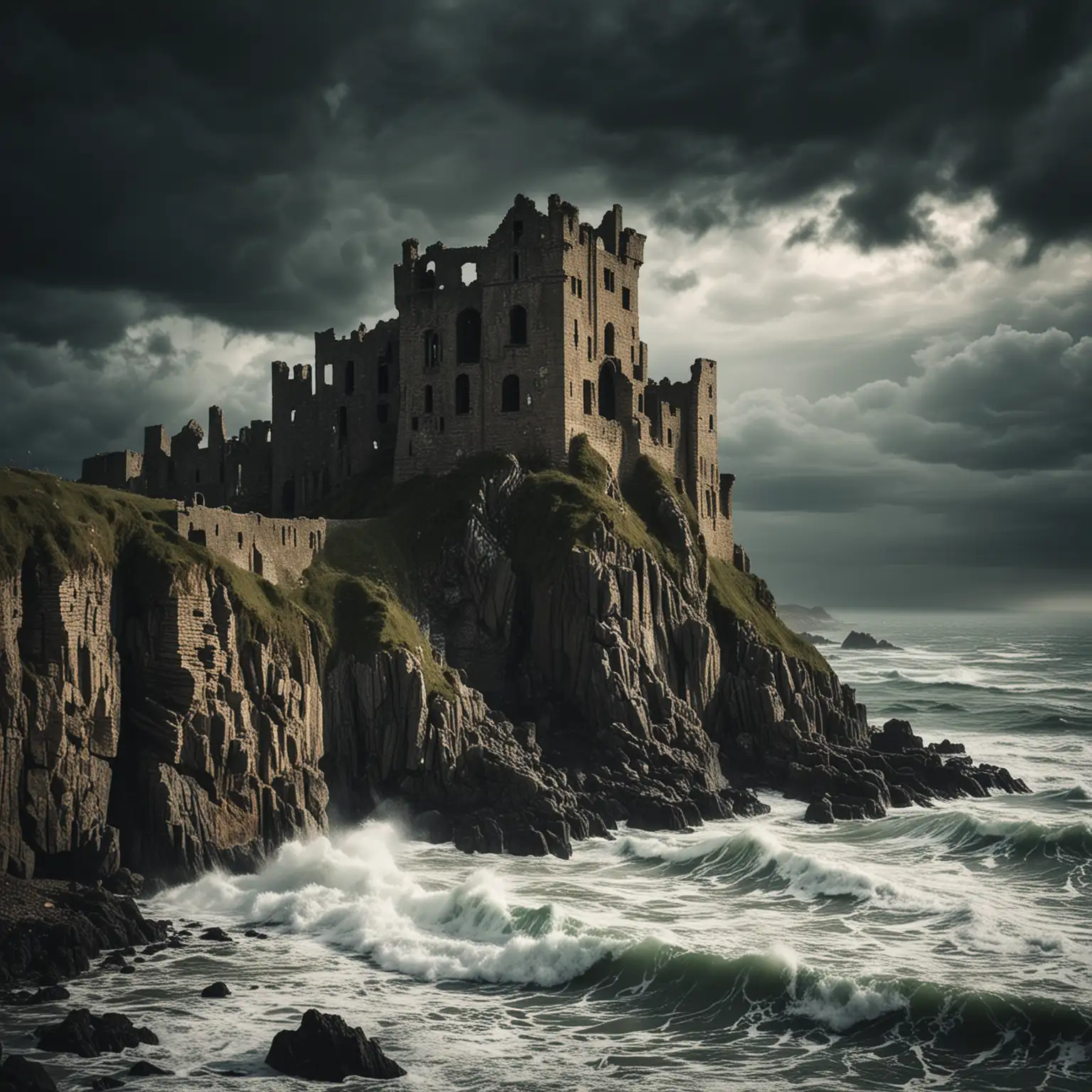 Ruined castle on a cliff overlooking the sea, with a stormy sky and crashing waves, eerie, moody, atmospheric