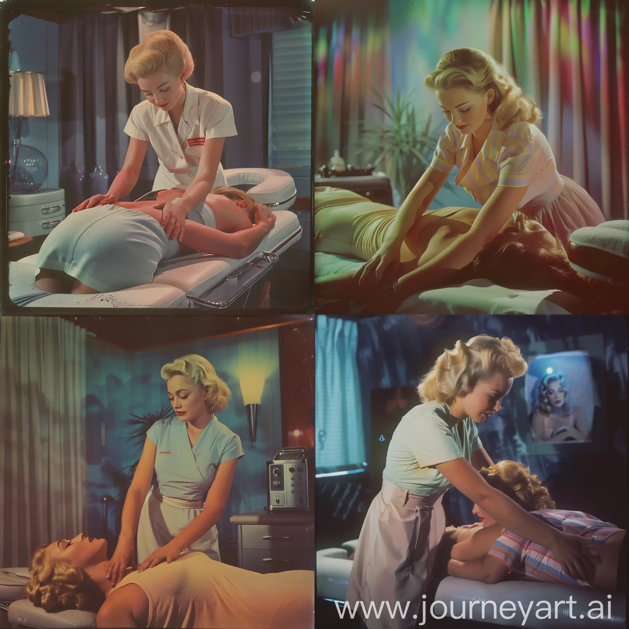 blonde Phoebe Buffay massaging the back of a woman lying on a massage bed, enhanced by 1950's super panavision 70, color image