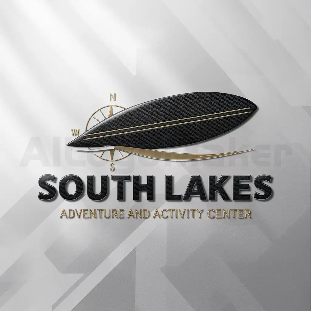 a logo design,with the text South Lakes Adventure and Activity Center, main symbol:I would like you to use a black carbon fiber surf board for the background with a gold effect for the text. The text needs to be styled the same and all in carbon fiber black. The business is built around water sports particularly kite surfing. It would also be good to have a standard British compass incorporated into the logo some how with the standard N, E, S, W symbols. The text font needs to be modern and cool looking.