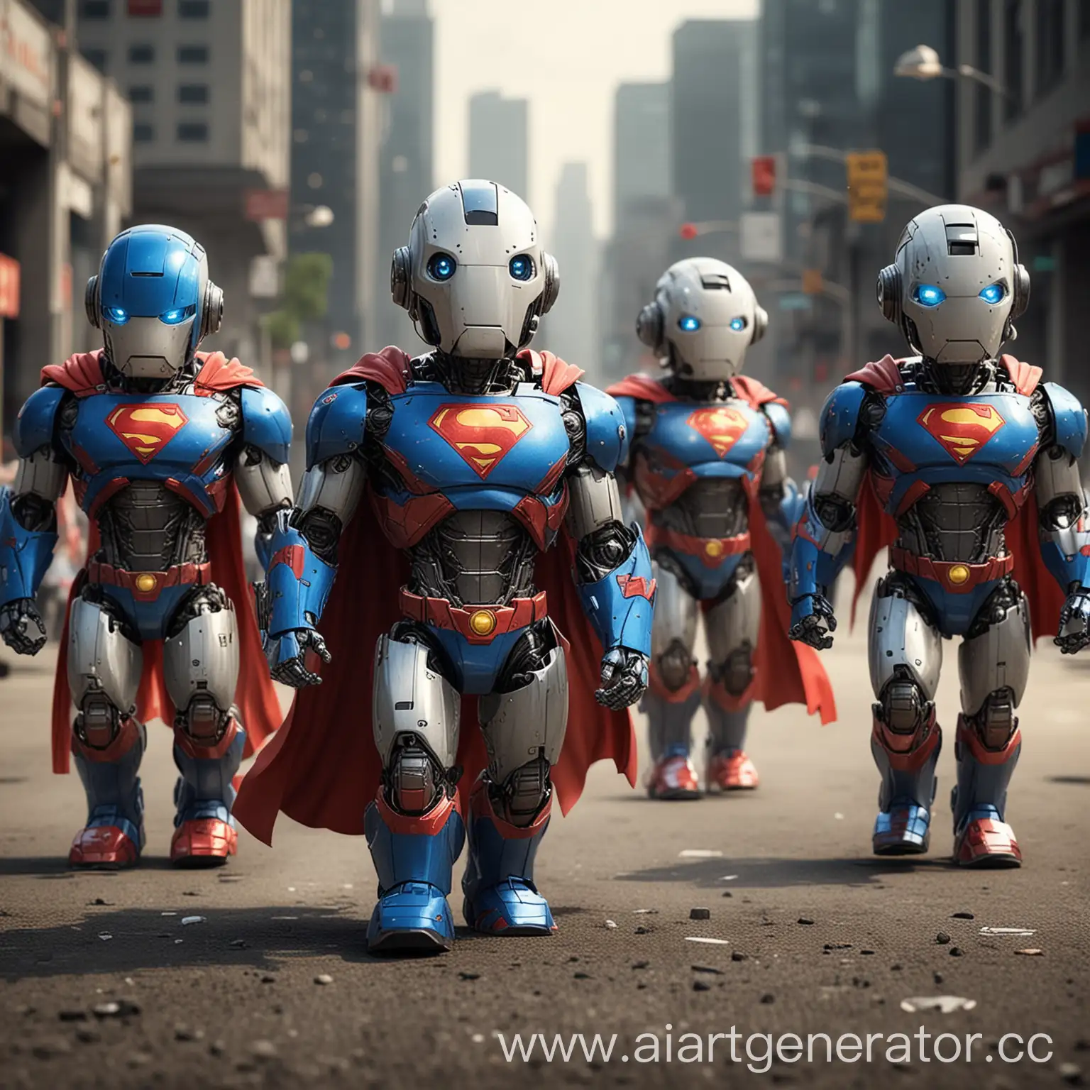 Команда милых роботов в костюмах суперменов