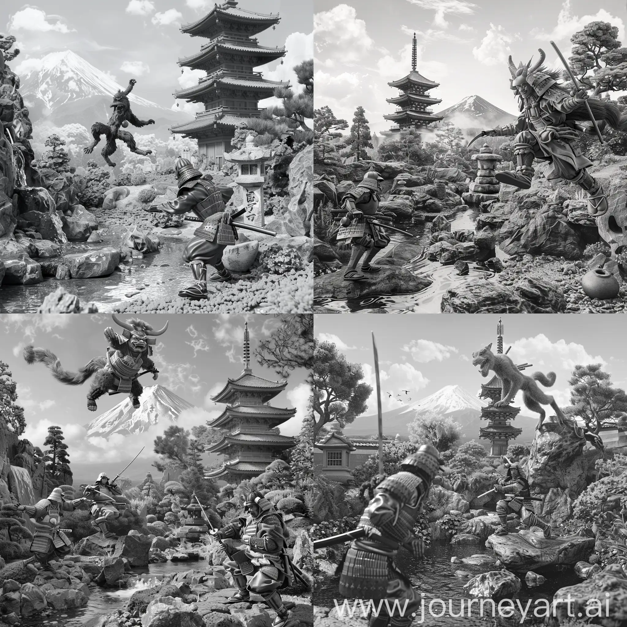  Komainu is preparing to jump on a samurai against the background of a pagoda, in the background of Fujiyama, everything happens in a Japanese rock garden with a stream on the left in the picture realism 4K style monochrome