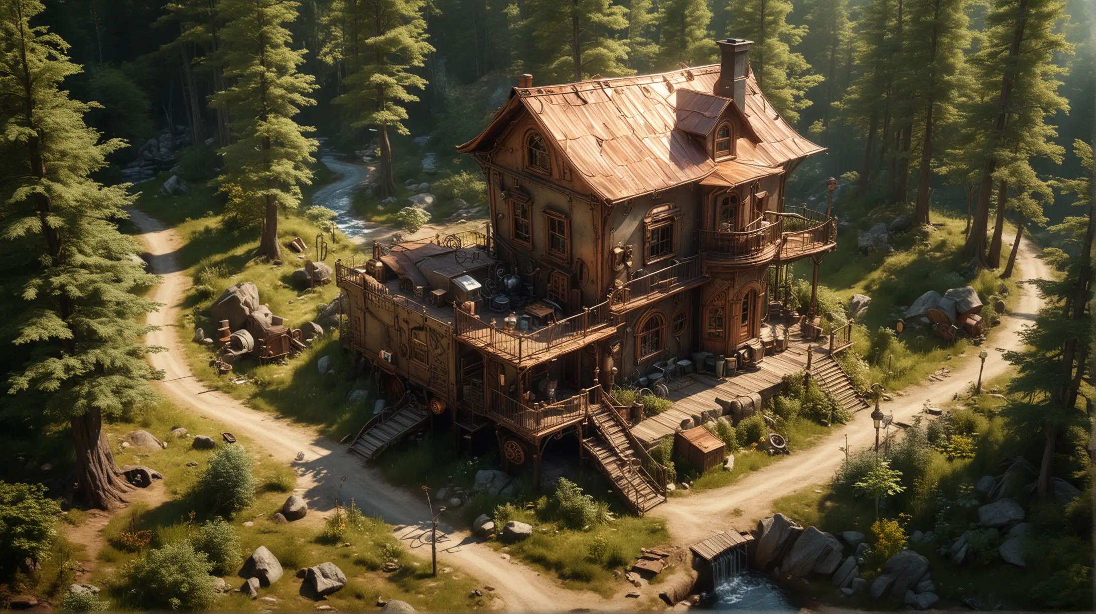a small steampunk house in a forest near a winding stream and narrow dirt road, copper, wood, sunny, bird's eye view