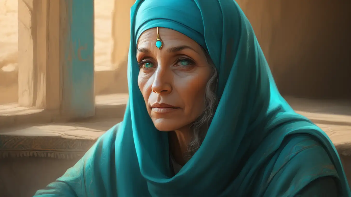 epoque biblique, une belle femme hébreu 50 ans aux yeux marrons clairs, tête couverte avec une coiffe vert clair qui couvre bien ses cheveux, assise dans une maison hébreu, regarde sur le côté