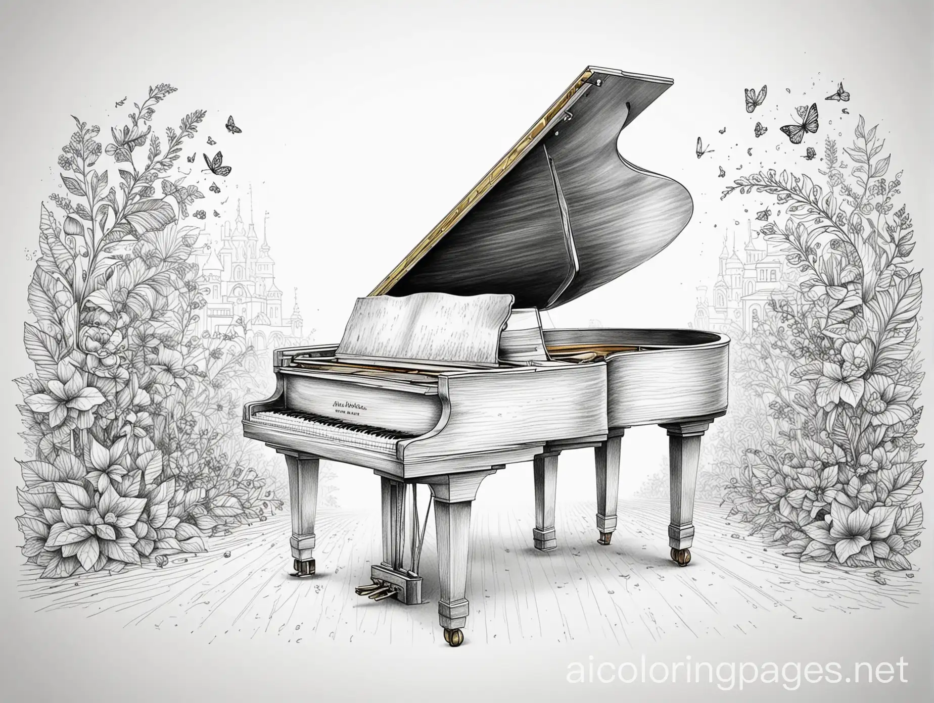 mindfulness doodle colouring picture with a grand piano image, Coloring Page, black and white, line art, white background, Simplicity, Ample White Space