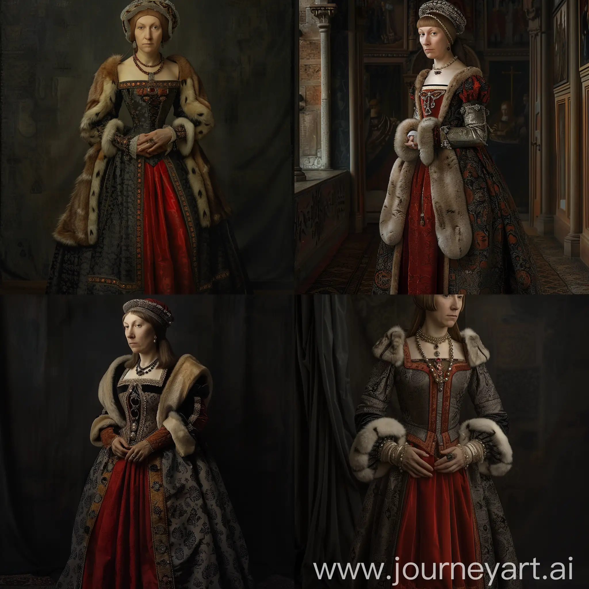 Queen of England Anne Boleyn, wearing a red petticoat under a loose, dark grey gown of damask trimmed in fur, and a mantle of ermine, at palace, cinematic lighting