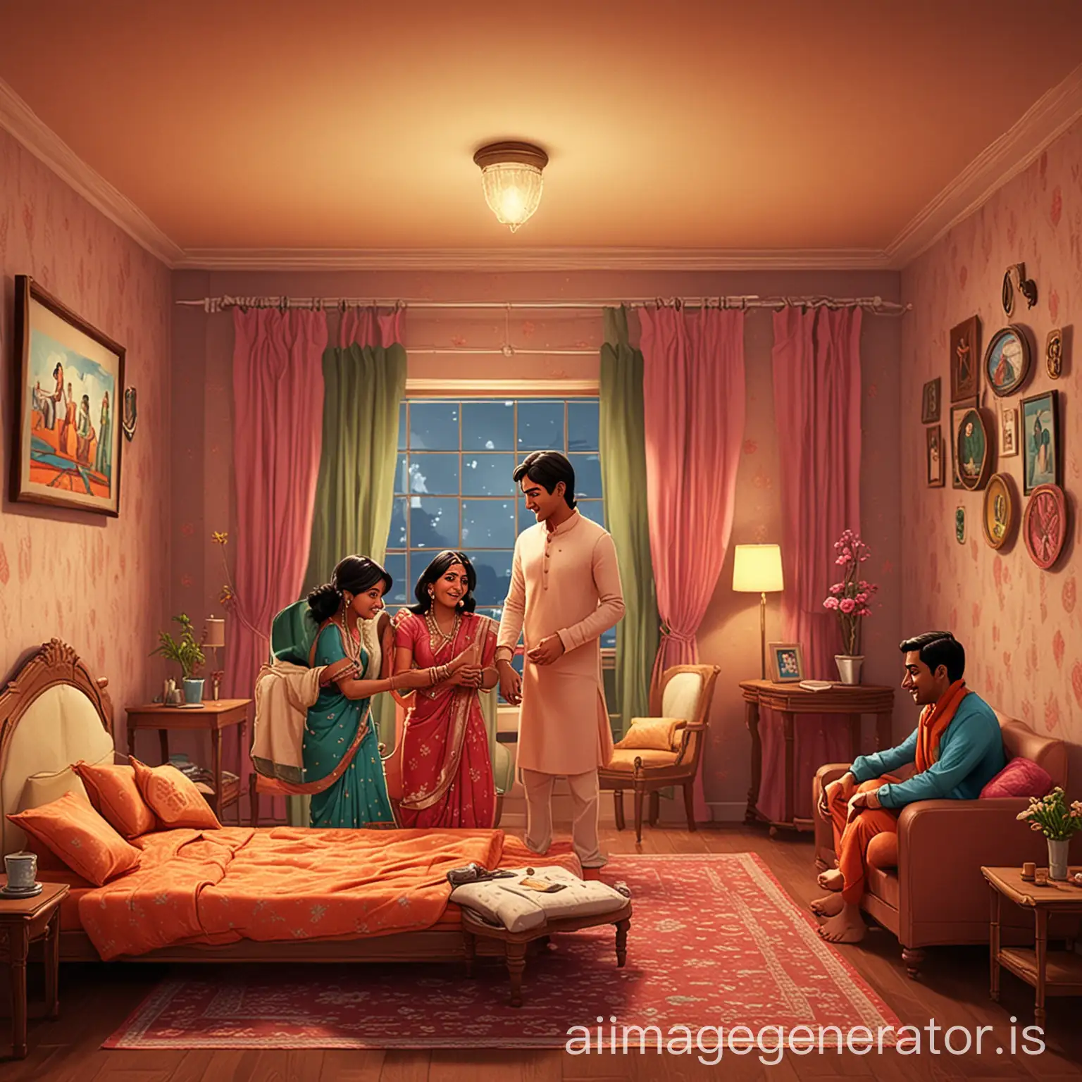 Genrate a toon image of a room where 3 indian couples are making romance sepratly