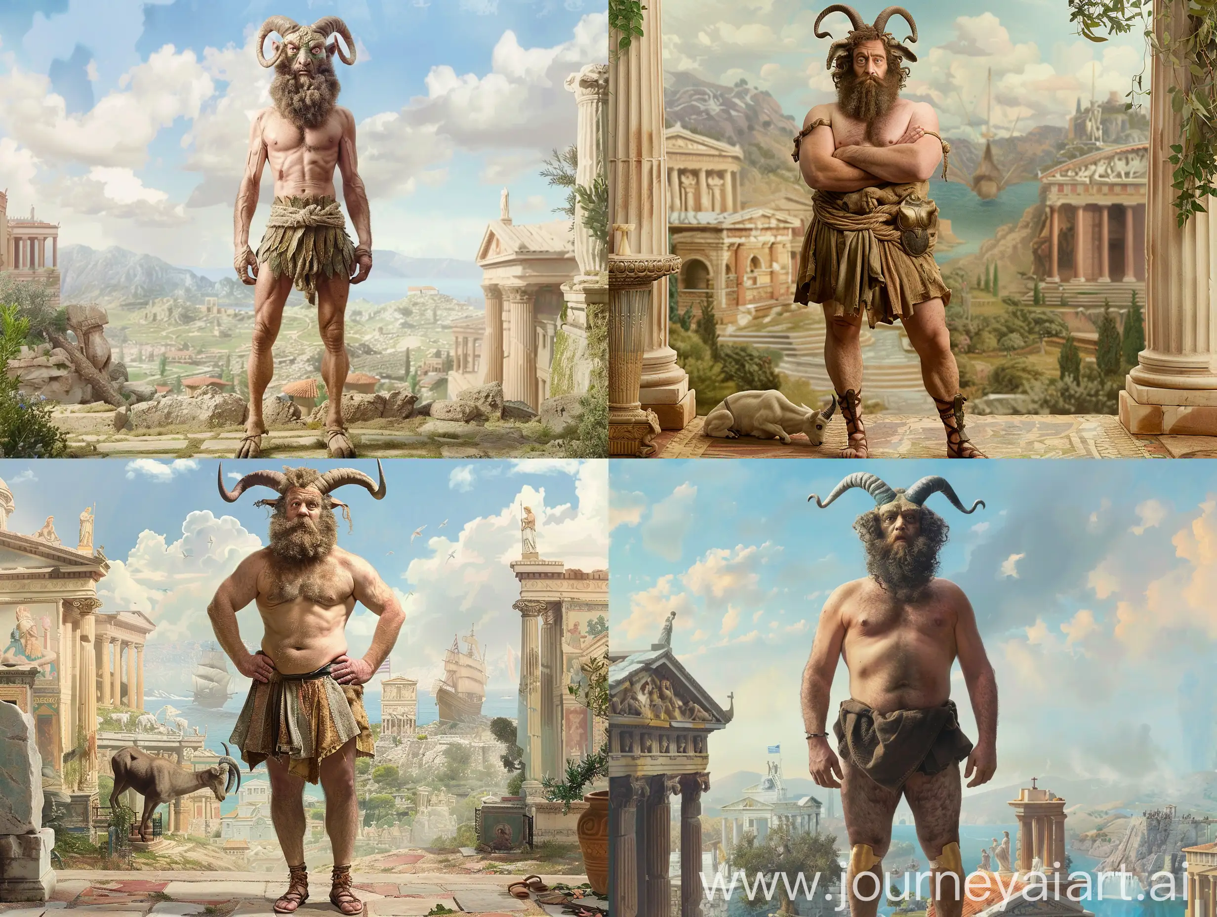 Zach Galifianakis as Philoctetes the Faun of Disneys Hercules in a Live Action Remake. a mythical creature with goat legs and small horns. He stands in front of a historical Greek backdrop
