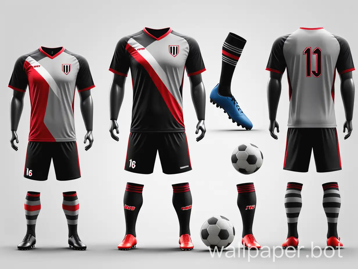 Soccer uniform black-gray-red with wide diagonal stripes white background concept uniform 16K