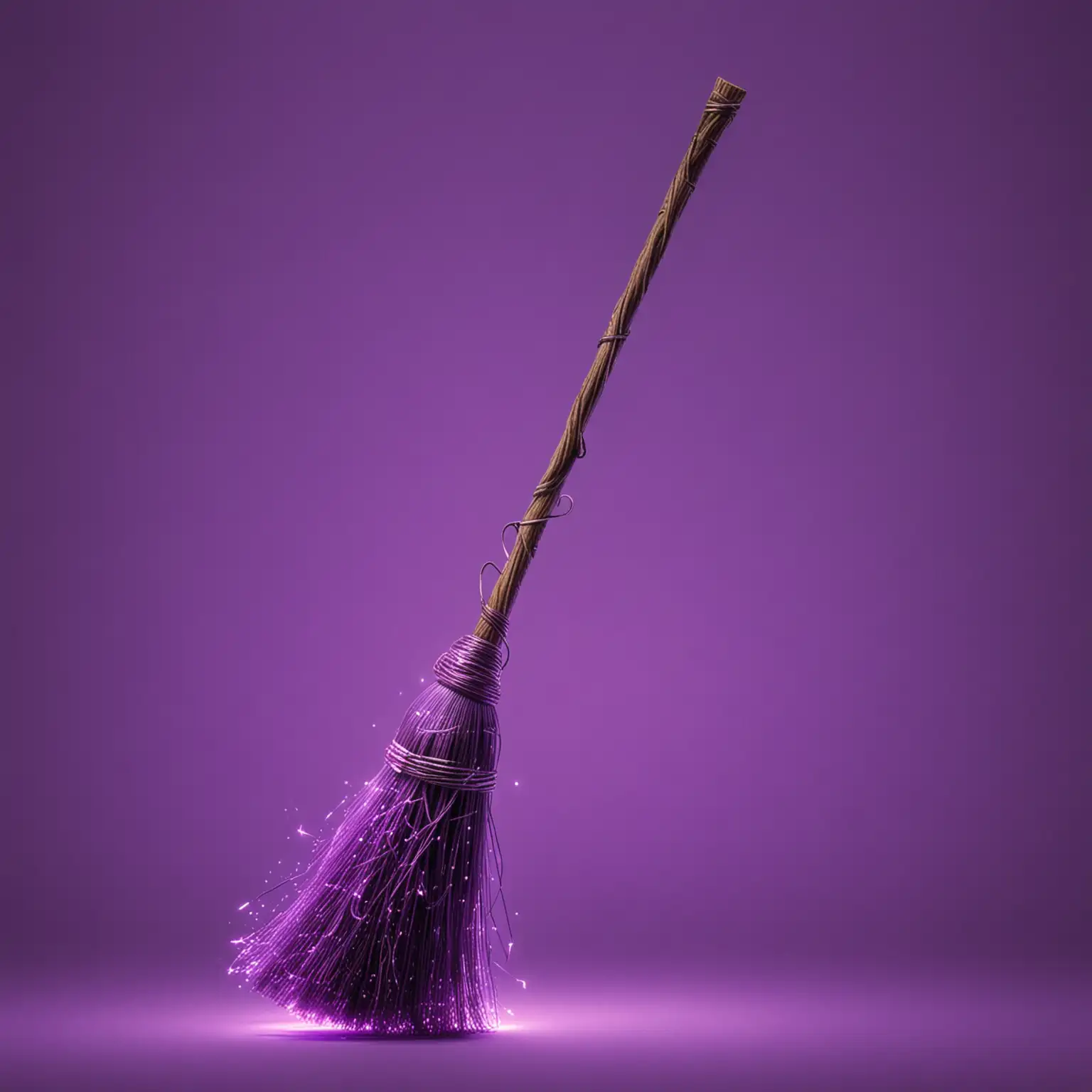 реалистичная метла магическая-ведьомская с неоновой фиолетовой подсветкой парит в воздухе
