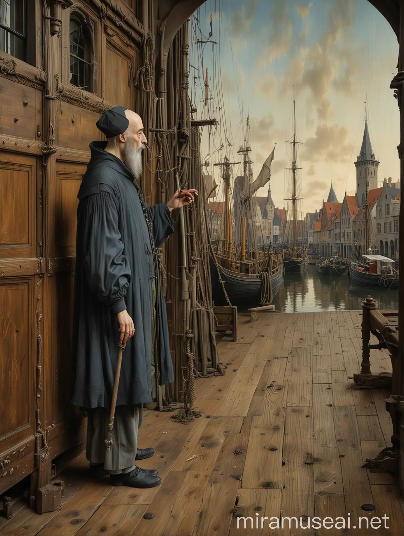 Highly detailed painting closely based on ((Arnolfini Portrait by Jan van Eyck)), behind the standing figures is a ((large medieval harbor crane)), ((in the foreground are bare floorboards)), use muted colors only, high quality