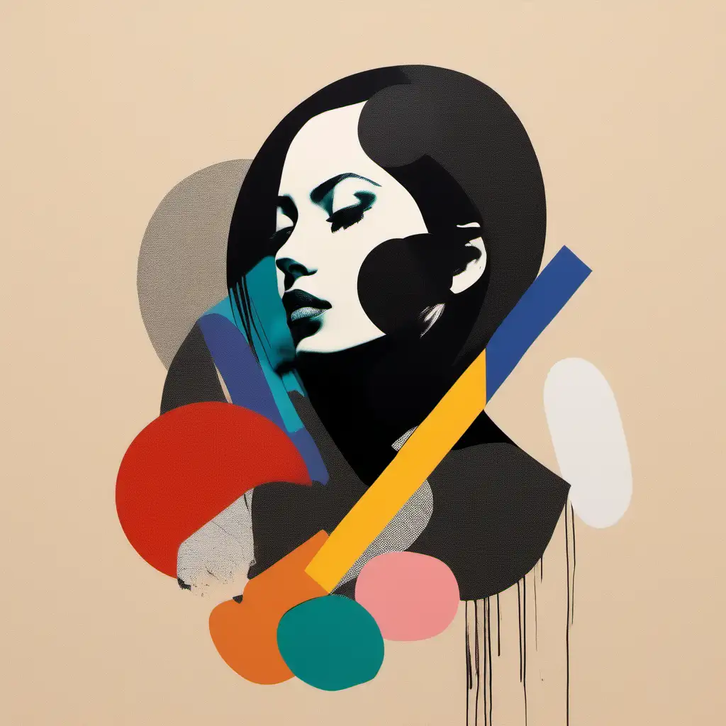 an image of Woman in the style of minimalist strokes, colorful abstract shapes on a background, graphic design-inspired illustrations, layered brush strokes, chad knight, figura serpentinata, textured collages, colorful gestural strokes , scratches and ink roll