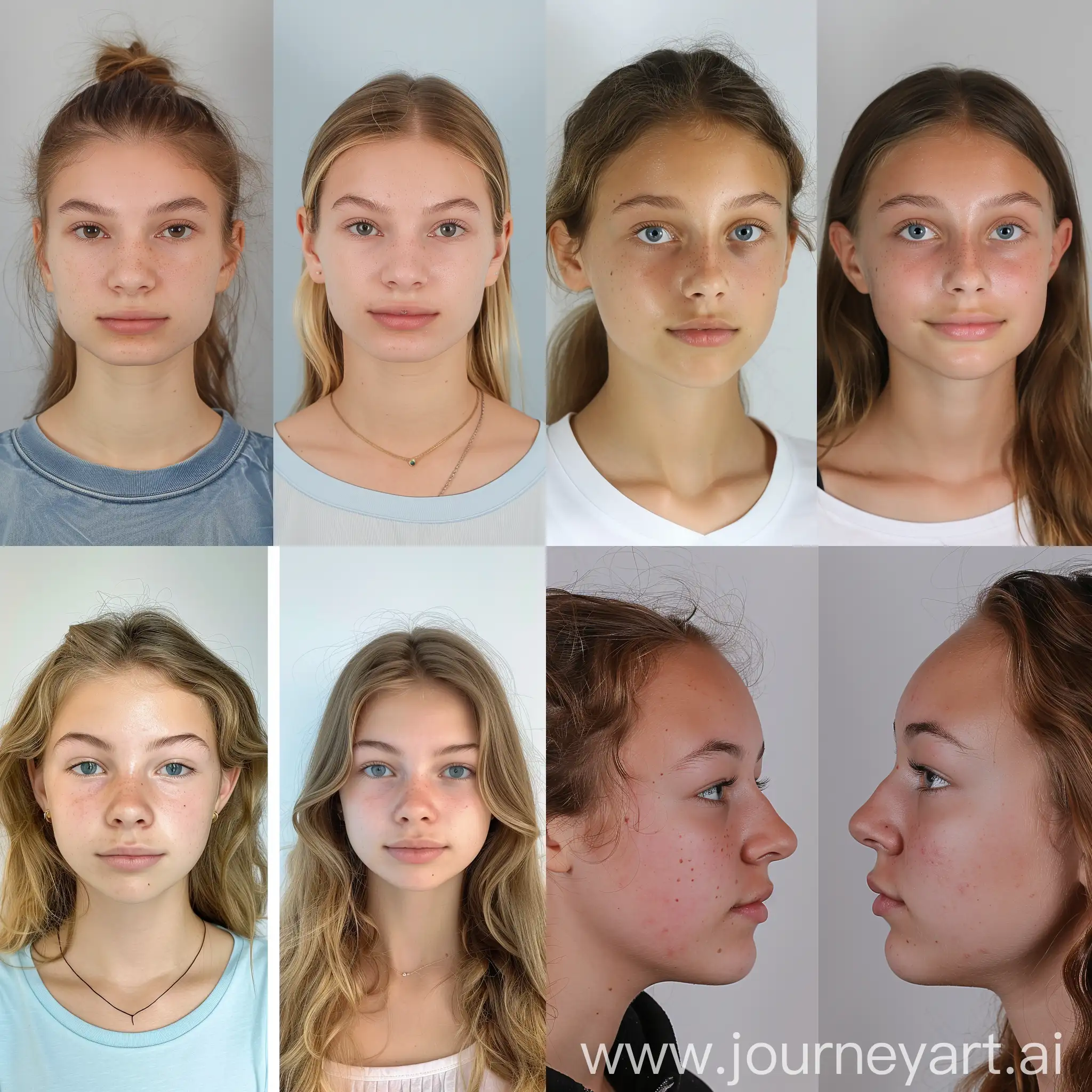 before and after successful rhinoplasty surgery, teenage girl