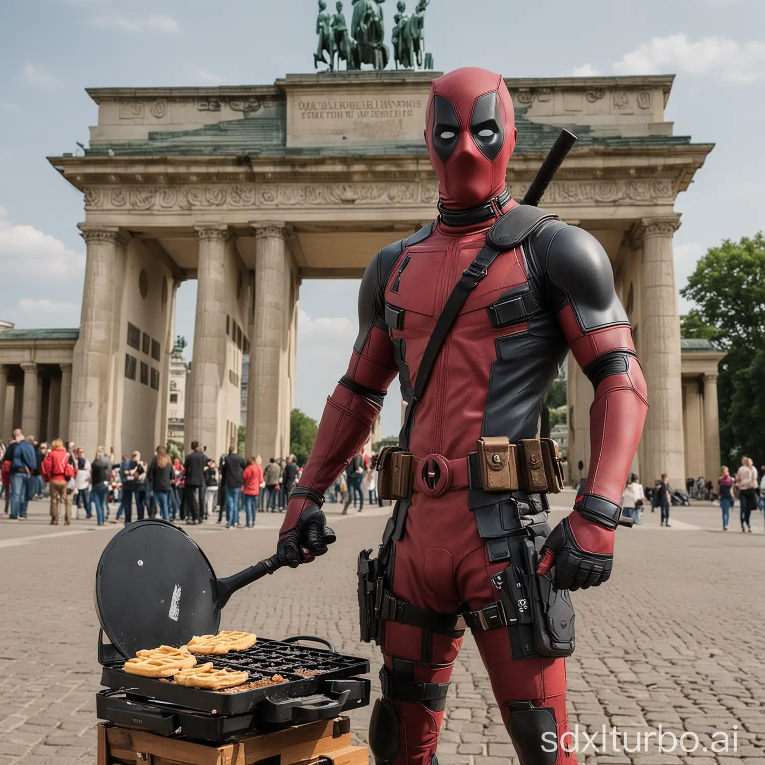 Deadpool with waffle iron before Brandenburg Gate.