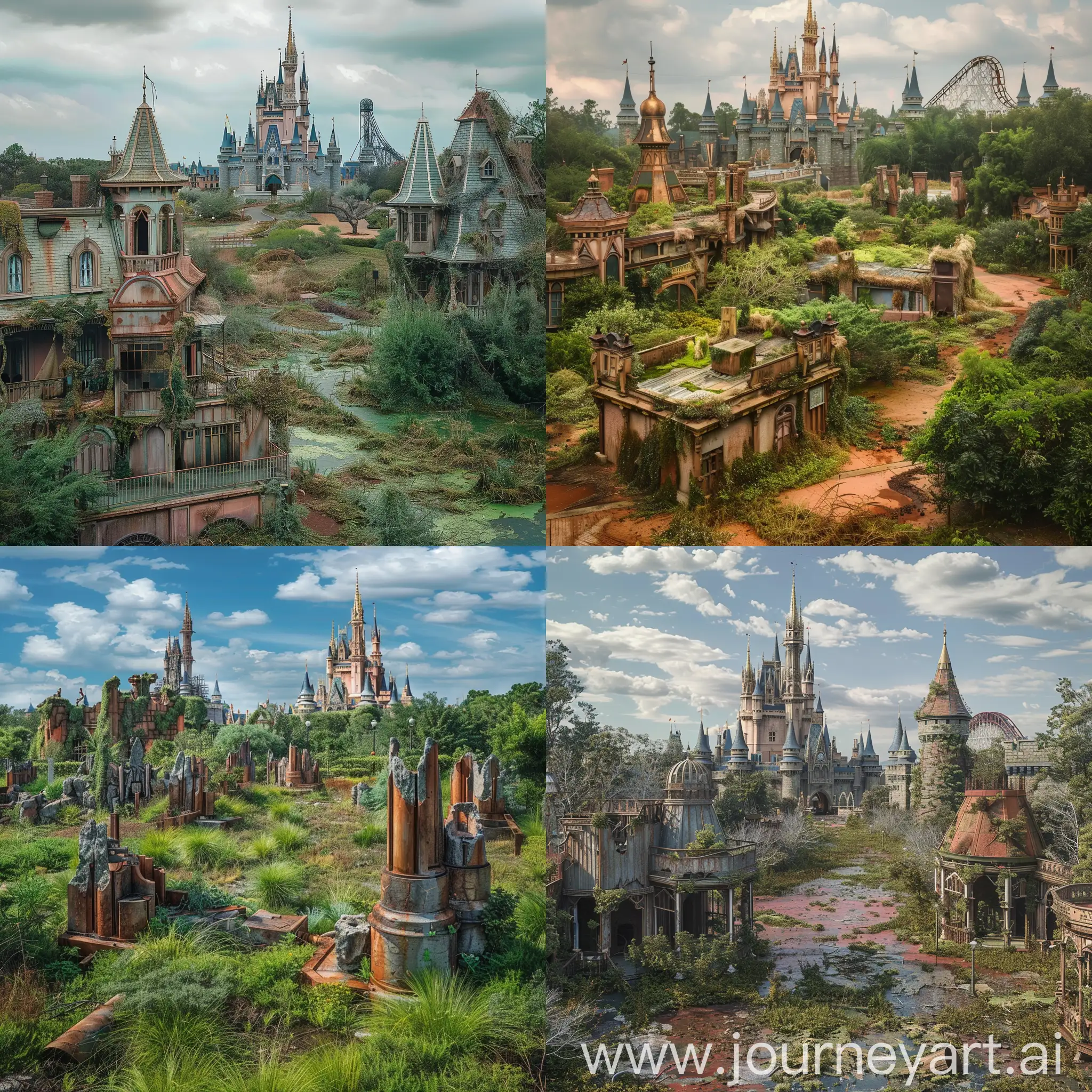 /imagine prompt: Photography of Walt Disney World transformed into a post-apocalyptic wasteland, featuring overgrown, decaying theme park structures engulfed by nature reclaiming its territory. Eerily silent, with rusted remains of iconic attractions like a dilapidated Cinderella Castle and a weathered Space Mountain looming in the background. A desolate landscape where once vibrant colors fade into a hauntingly beautiful desolation, evoking a sense of both nostalgia and desolation.