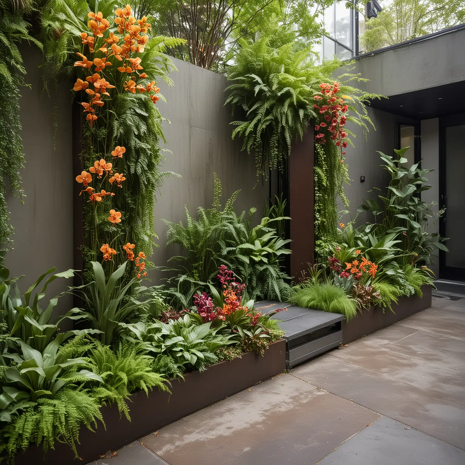 a long shot of a a modern urban garden with vertical gardens filled with ferns, ivy, and colorful orchids. Use corten steel planters and a series of cascading water features for a dramatic effect. Include a sleek, modern gate made of metal and glass at the entrance. The garden also features a compact container house with an expansive rooftop garden, offering panoramic views of the city. This garden is set on a misty spring morning, with the greenery and flowers adding a touch of nature to the urban landscape, highlighted by soft, ambient lighting.