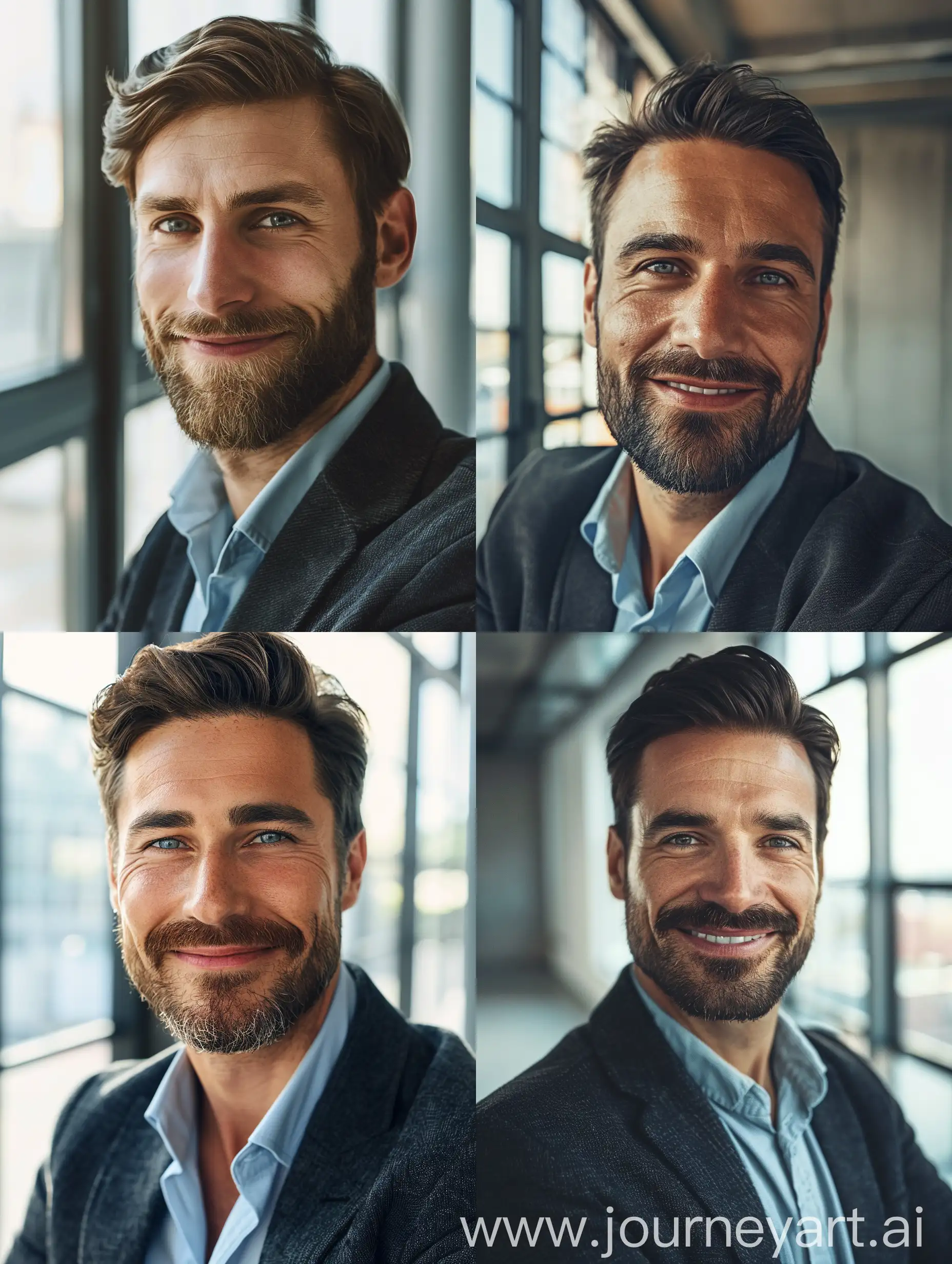 /imagine prompt: A portrait photo of a businessman posing for the camera, close-up view, with a friendly smile. The background is a modern office space with natural light streaming through windows. Defined facial features, well-groomed beard, wearing a dark blazer and a light blue shirt. Soft lighting, high definition, realistic texture, corporate photography style, natural look --ar 3:4 --v 6.0

