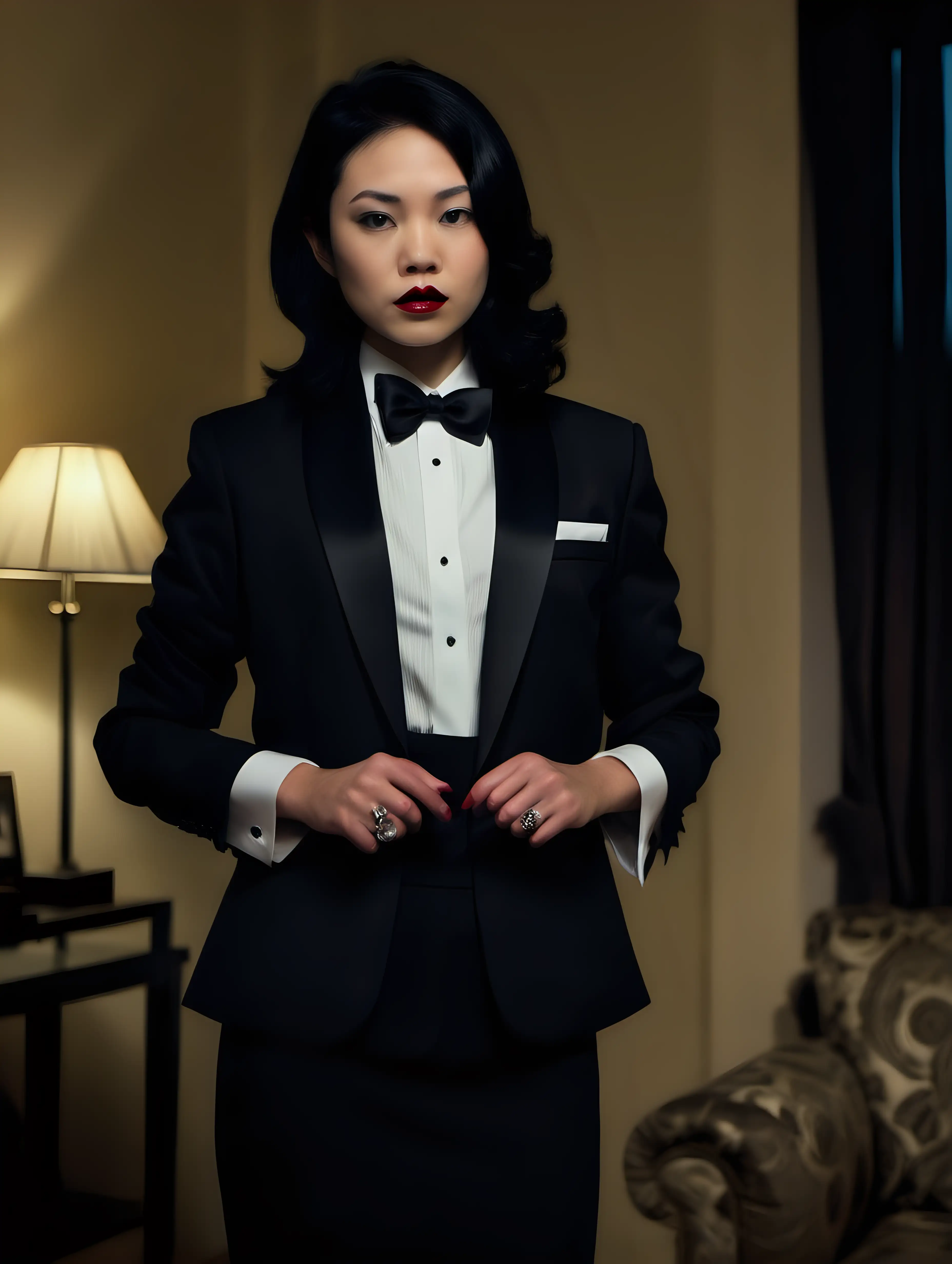 Stern Vietnamese woman with shoulder length black hair and lipstick wearing a tuxedo with a black bow tie is standing in a room at night.  (Her shirt has double french cuffs.)  She has cufflinks.  (Her jacket is open and has a corsage.)