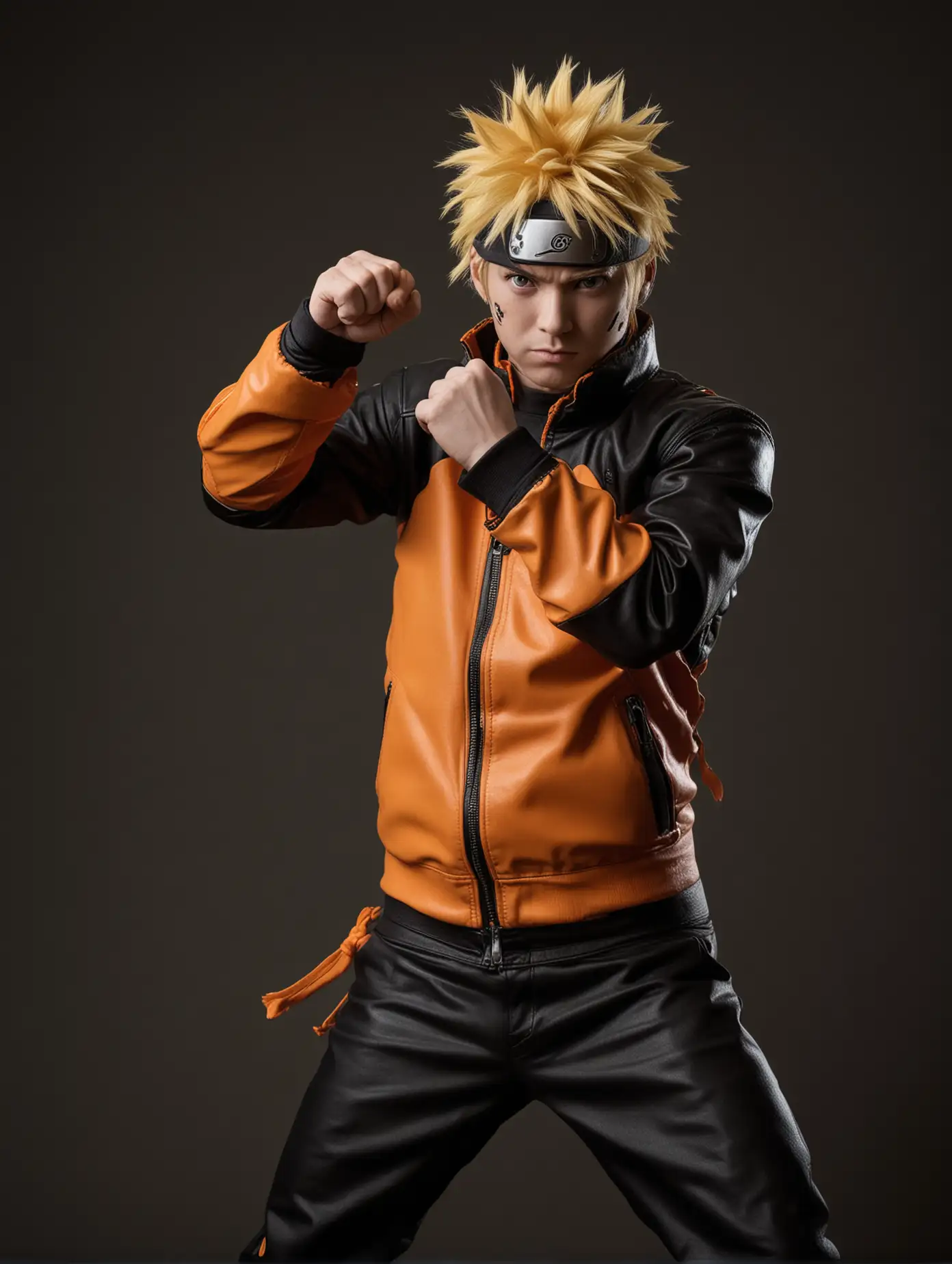 Naruto in real life, Naruto wearing a black and orange jacket with leather sleeves, in a fighting pose, for a studio photography portrait, against a dark background, with studio lighting, yellow hair, leather pants, and an orange ninja cloth headband