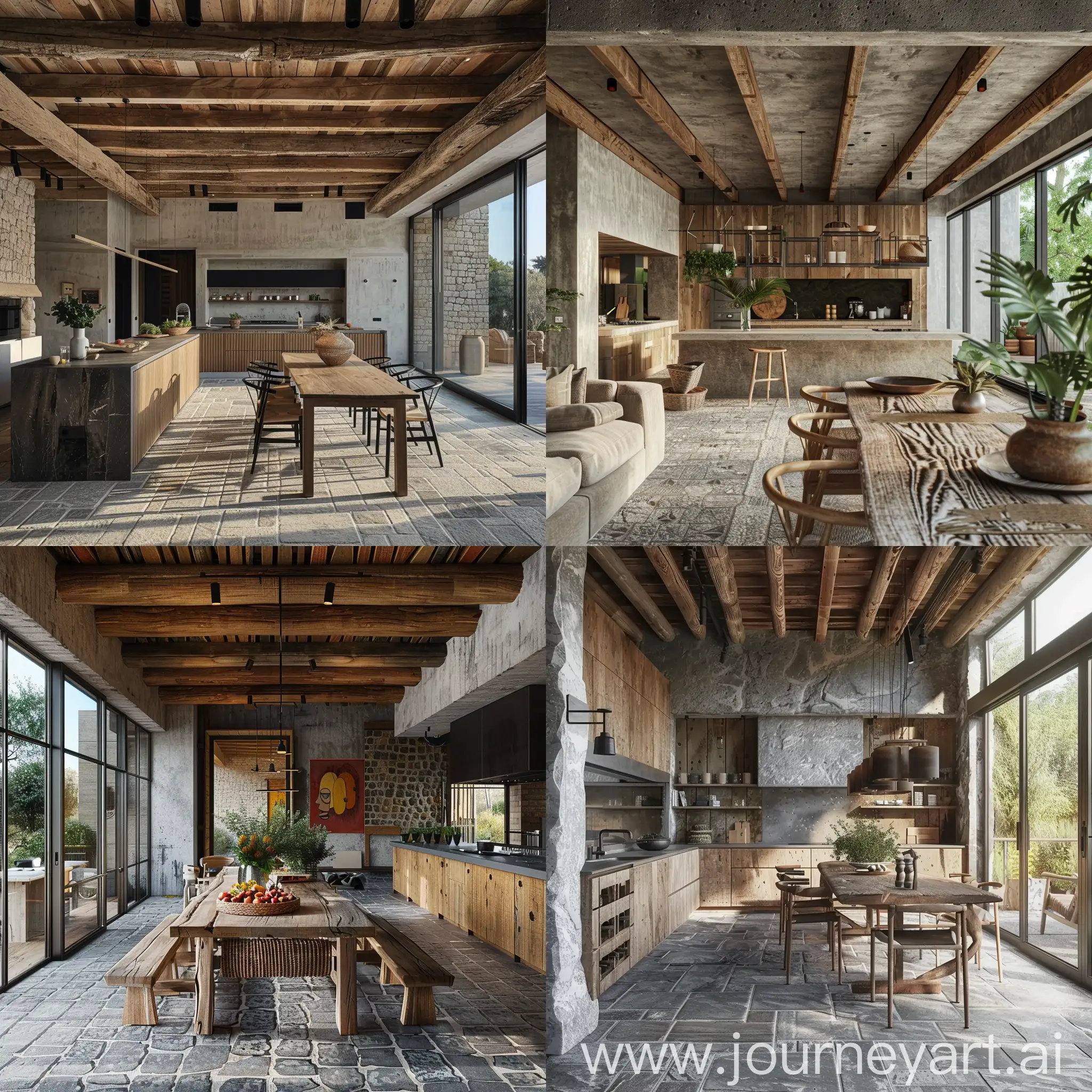 WabiSabi-Style-Living-RoomKitchen-with-Architectural-Concrete-and-Wooden-Facades