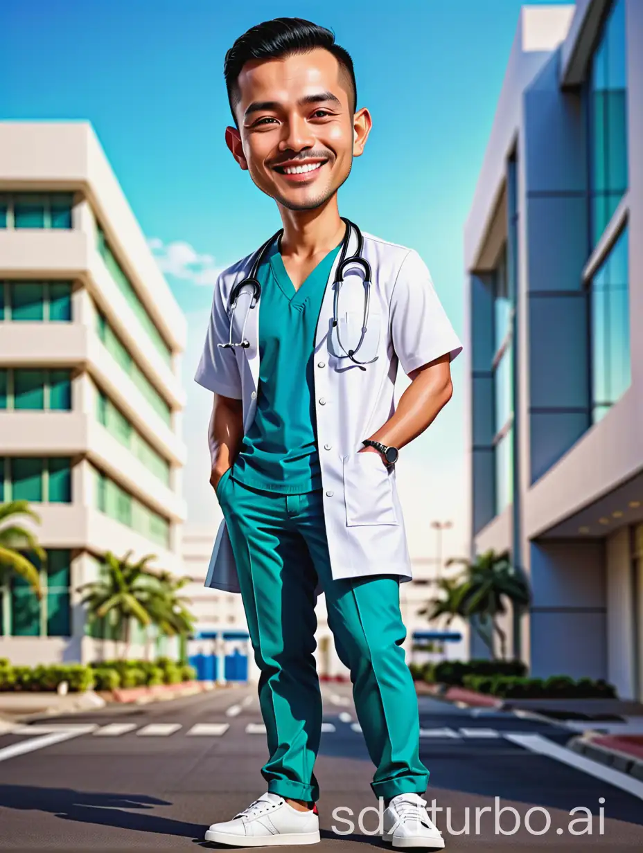 Hyperrealistic 4D caricature of Indonesian man doctor, 30 years old, smiling face, bigger head, very small body and very short, buzzcut hair, wearing doctor clothes with stetoscope, wearing white shoes, the man is standing front of Hospital building, hospital background, 3D rendering photo, photography portrait. Detailed photos, deep colors