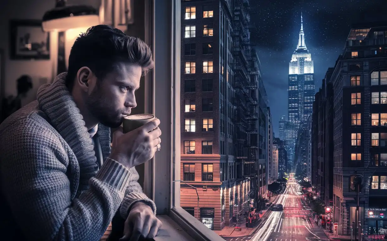 a man enjoying a coffee while looking down at the people at streets at his high rise new york city apartment at nightitme