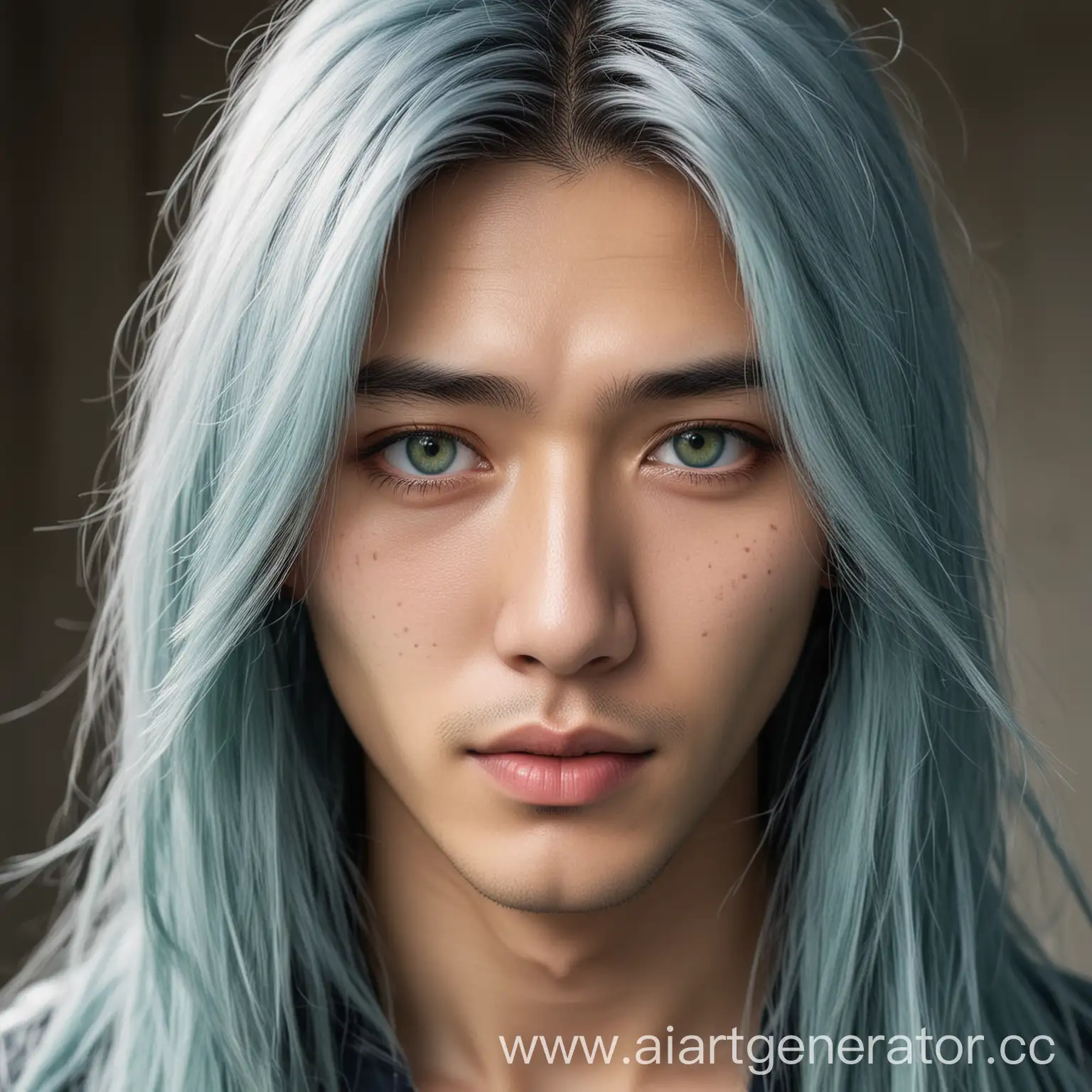 красивый азиат с длинными голубыми волосами , светлой кожей , светлыми зелеными глазами, молодой, реалистичный ,
