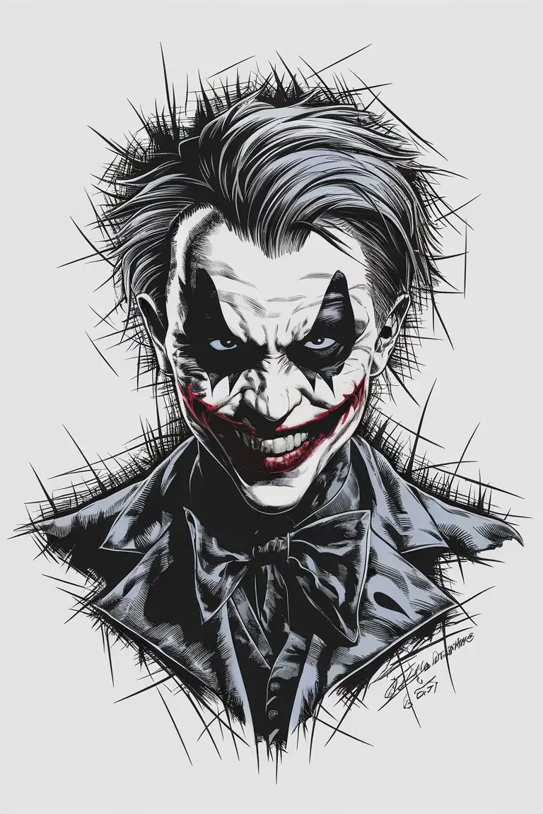 Suicide squad joker, very short hair,  lineart by black pen, hatching   hatching chaotic pen art, short hair, front, lineart, comic book art, tattoo art, white background