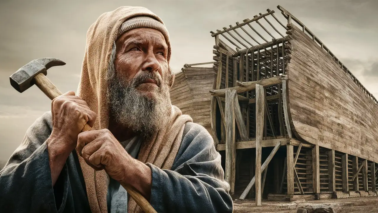 Generate an image of Noah's weathered hands gripping a hammer, his face lined with determination and resolve, as he continues to work tirelessly on the ark despite the passage of many years.