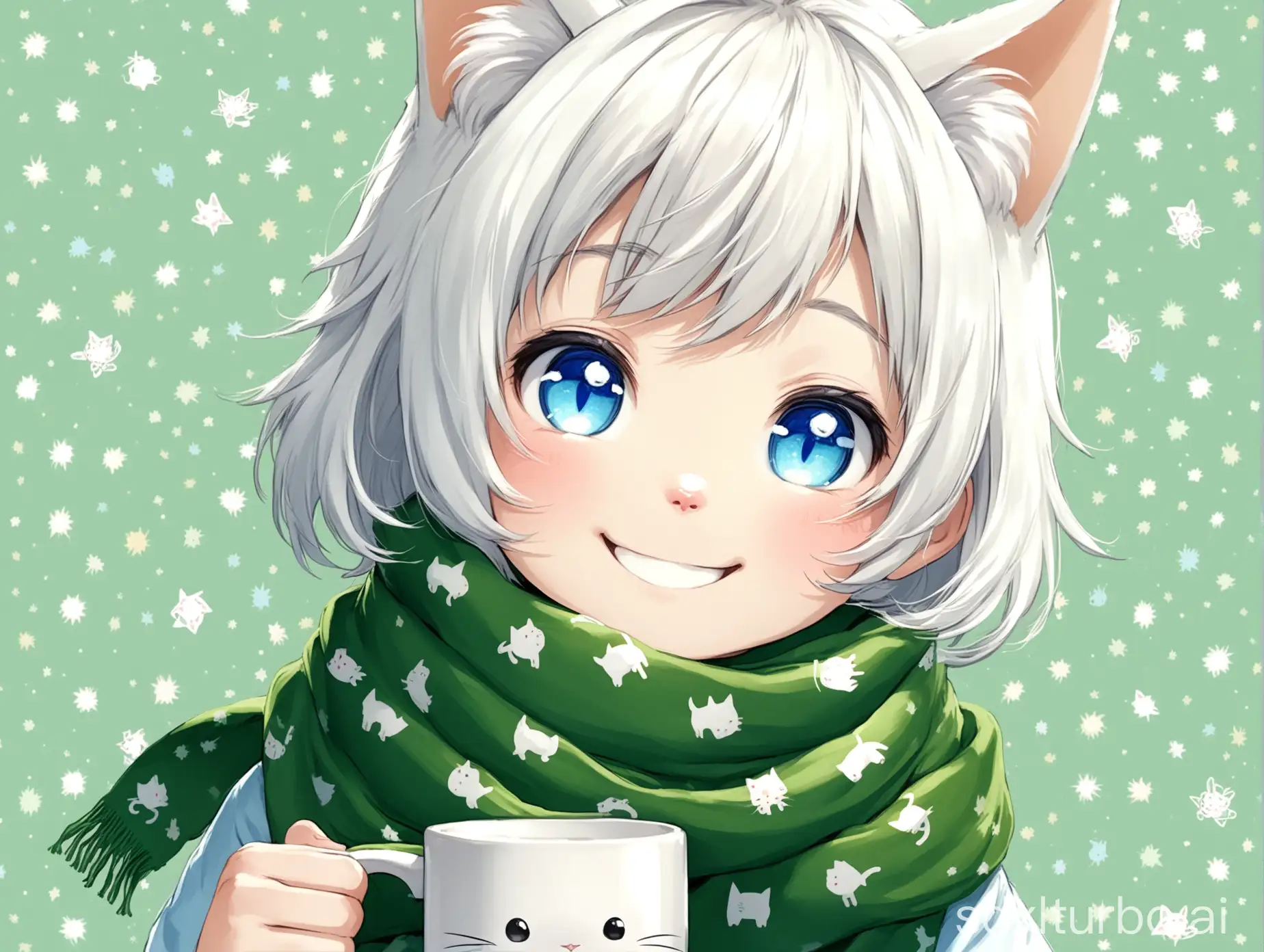 there is a mug pattern: a cat-eared teenager green scarf, blue eyes, white hair, smiling Mimi, is a little boy