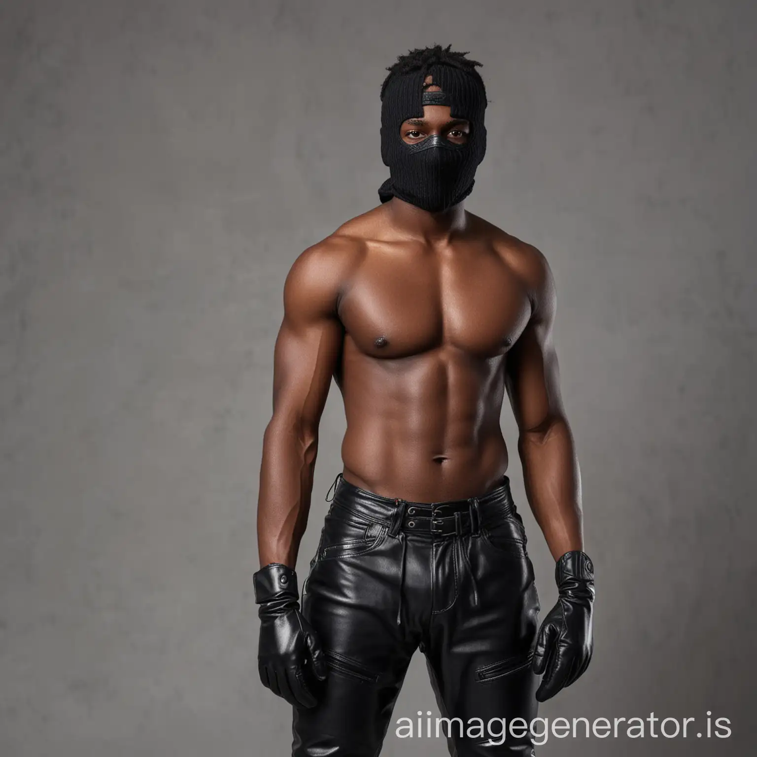 muscular black boy in his 20s wearing black leather clothing, a ski mask and gloves, standing 