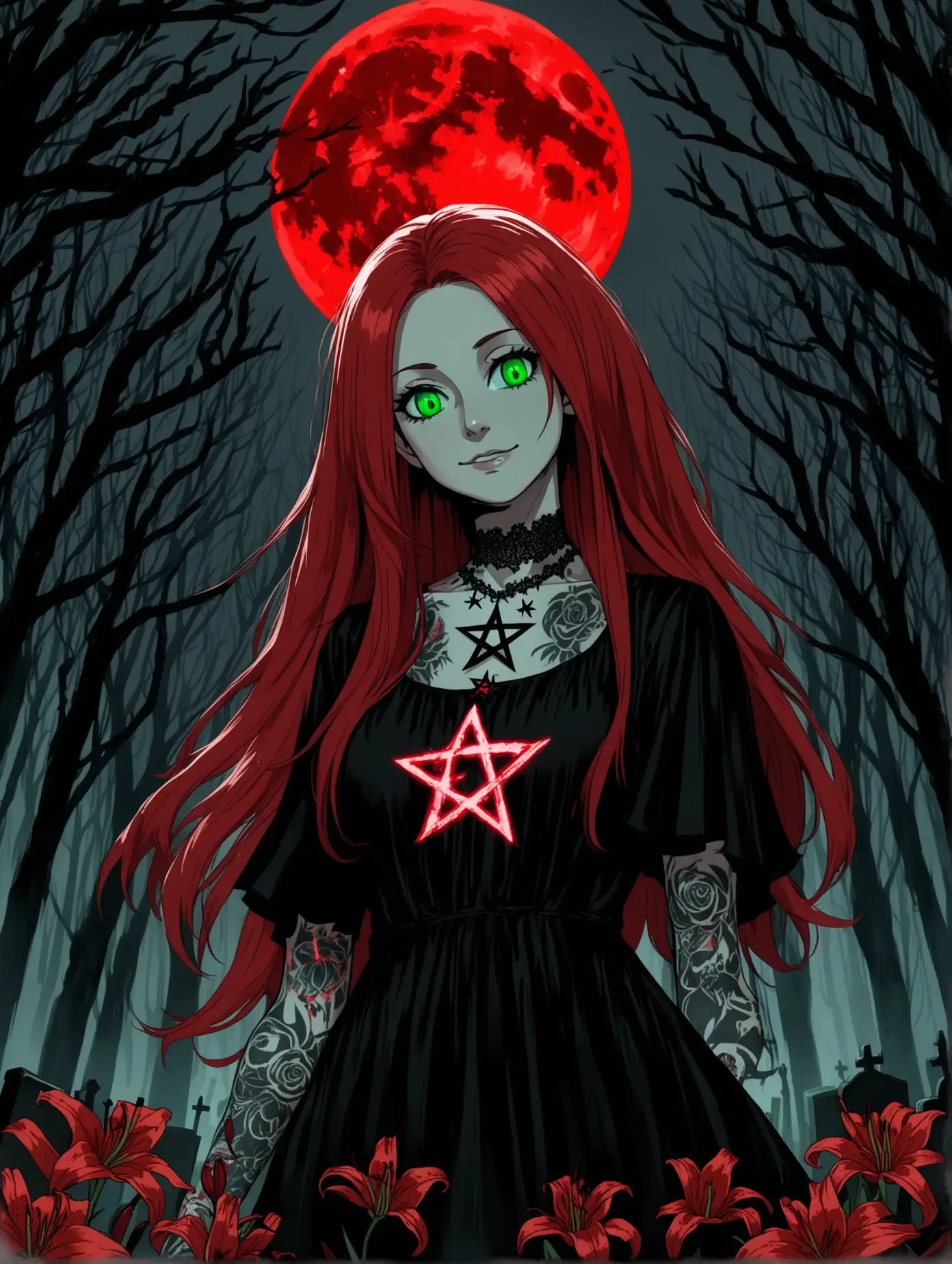 Mysterious-RedHaired-Woman-in-Gothic-Attire-Surrounded-by-Red-Lilies