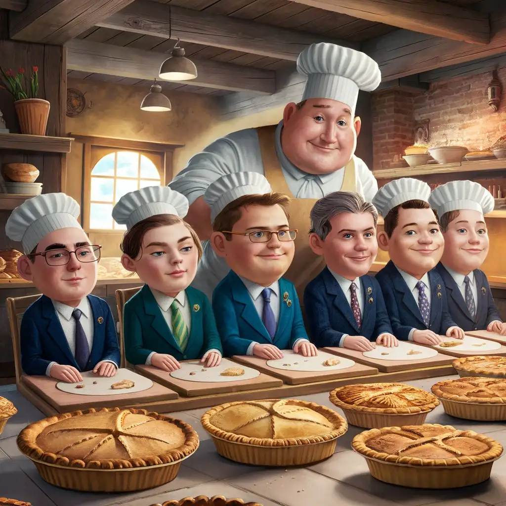 In a bakery, handsome and pleasant young government officials were molded next to pies.