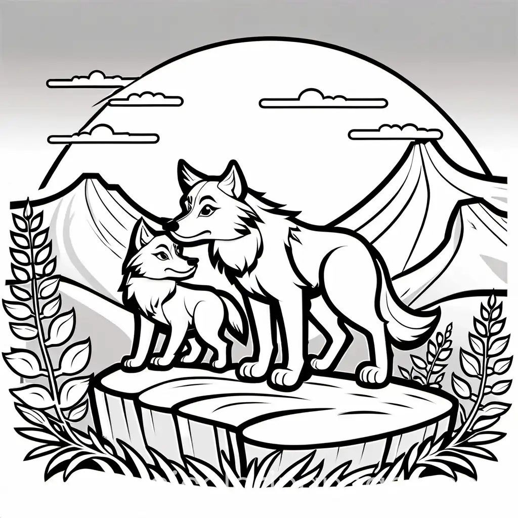 cute wolf playing with a cub on top of a cliff, Coloring Page, black and white, line art, white background, Simplicity, Ample White Space. The background of the coloring page is plain white to make it easy for young children to color within the lines. The outlines of all the subjects are easy to distinguish, making it simple for kids to color without too much difficulty