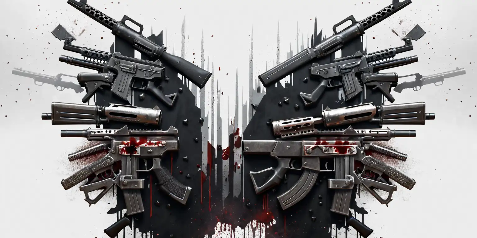 Metallic guns, intricate silver guns adorned with spikes and blood scattered around, a gritty war zone setting with a sense of danger looming, a symbol of pride and teamwork. Craft a hyperrealistic 3D gaming logo featuring detailed weaponry and a rugged battlefield ambiance. Capture the essence of heavy metal aesthetics, focusing on sharp details and high-resolution graphics.