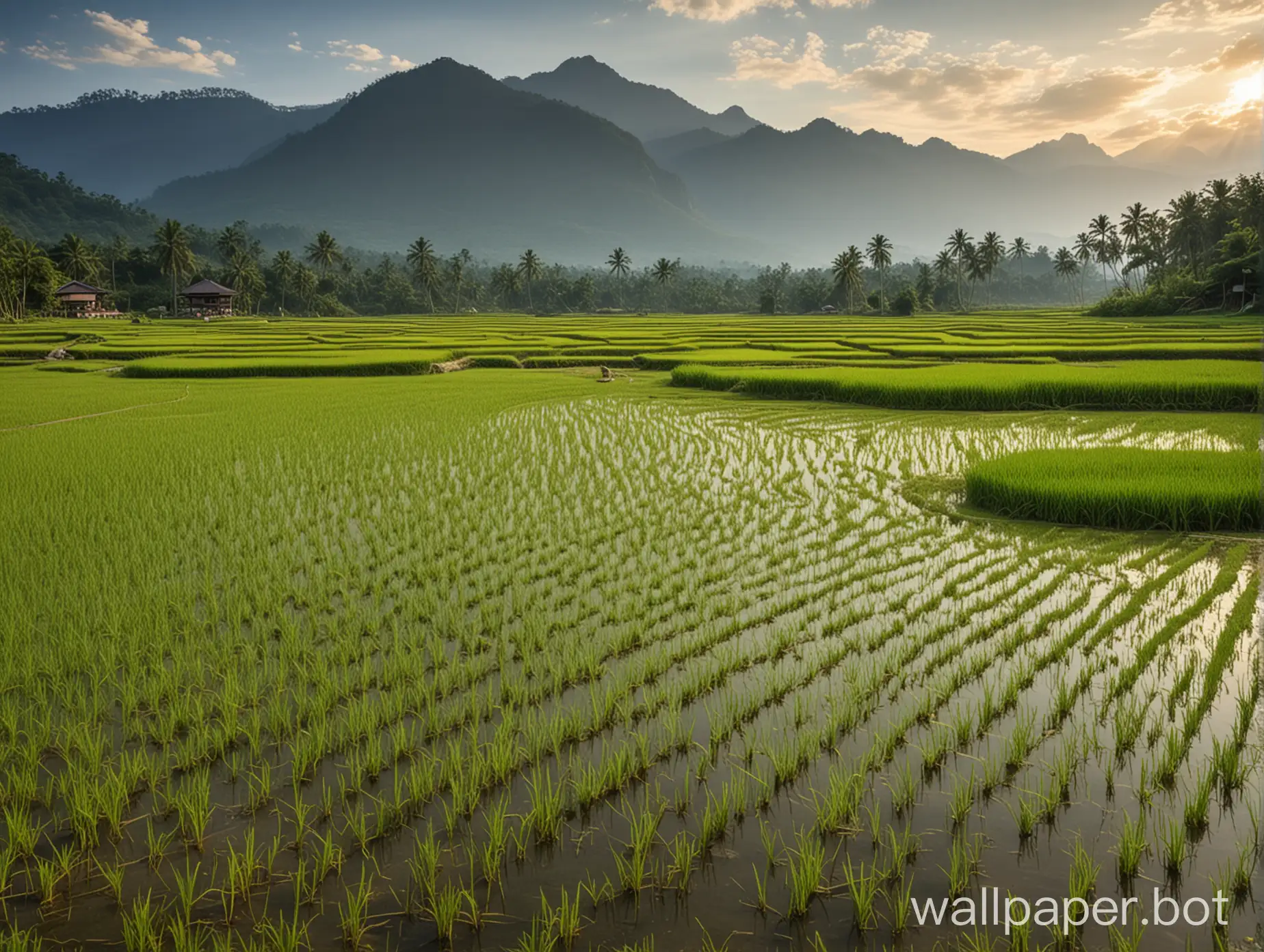 Beautiful Rice Field with Mountai and River View