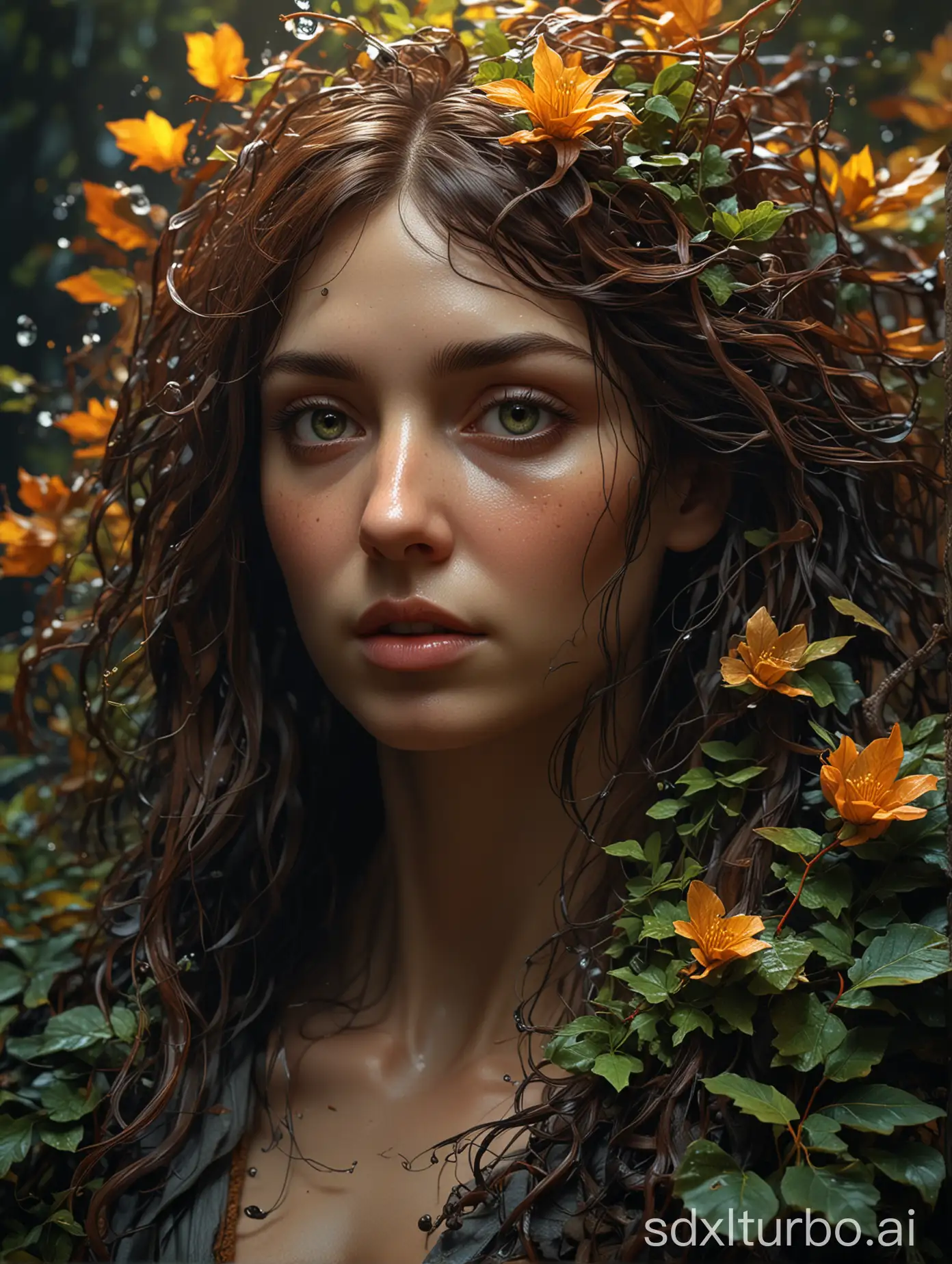 Portrait, Nature sci-fi Infusion biotope, female goddess Merger of an Award-winning Beautiful Watery Nature Perspective, glaring electrifying view, mystical, wildlife, autumn, root veins, greenery on face, flowery hair, by Ilya Kuvshinov, Andreas Franke, carved realistic look, all trending on Artstation, global volumetric lighting, sharp focus, natural look surfaces, rich ultra deep details, perfect realistic shadows, intricate immersive solid colors by phil koch, Natural Skin, Look through the rabbit hole, James Tissot, Andreas Franke, carved realistic look, oil on canvas, black and white still, digital Art, perfect composition, beautiful detailed intricate insanely detailed octane render trending on artstation, 8 k artistic photography, photorealistic concept art, soft natural volumetric cinematic perfect light, chiaroscuro, award - winning photograph, masterpiece, oil on canvas, raphael, caravaggio, greg rutkowski, beeple, beksinski, giger