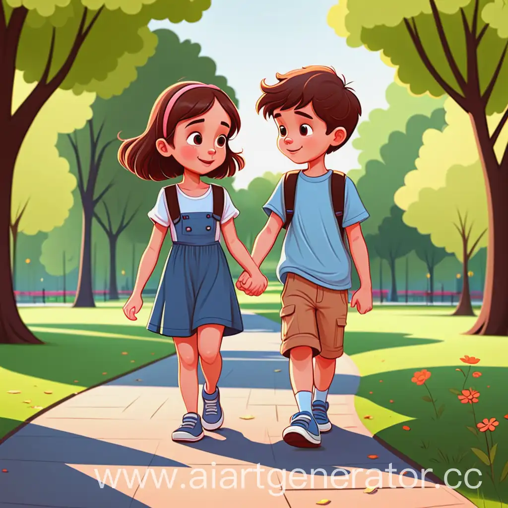 Cartoon-Boy-and-Girl-Walking-Hand-in-Hand-in-the-Park