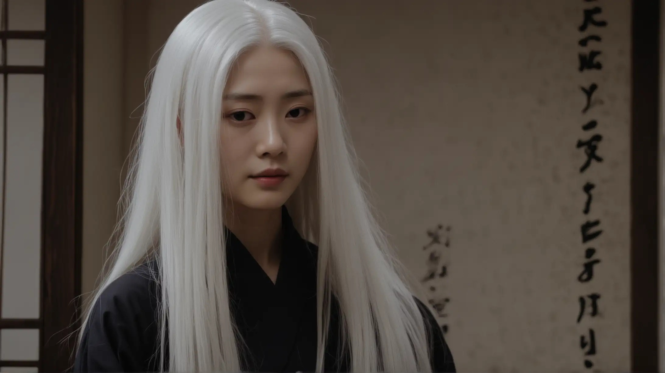 Ghostly Japanese Woman with Long White Hair in Black Attire