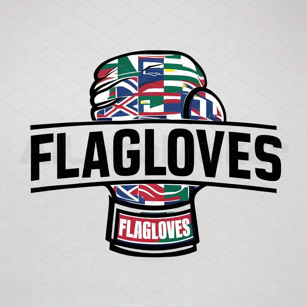 a logo design,with the text "FLAGLOVES fight for your own", main symbol:the logo is for a boxing glove company with different country flags on it ,complex,be used in Sports Fitness industry,clear background