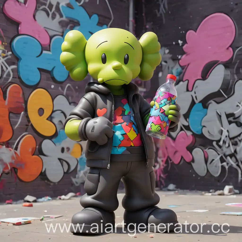 Colorful-KAWS-Figure-Holding-Bottle-Against-Vibrant-Graffiti-Wall