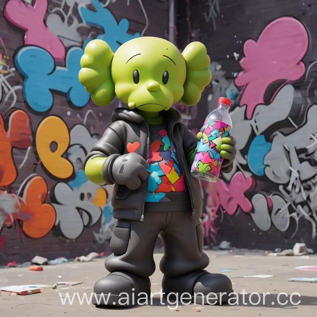 яркий KAWS держит в руке бутылку на фоне граффити