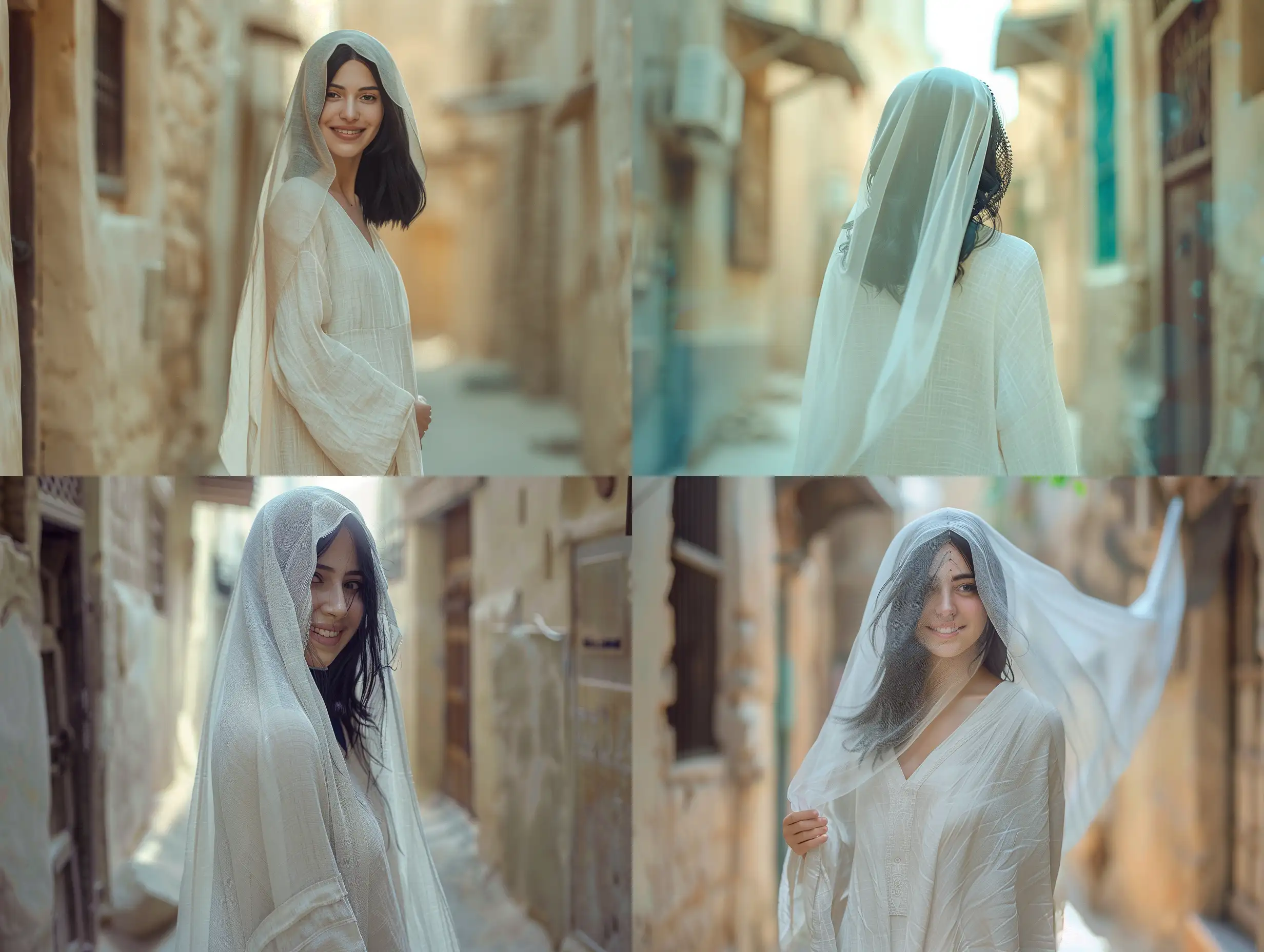 A happy woman with medium-length black hair, wearing a long white summer abaya without patterns made of linen fabric with a veil covering some of her head, wandering through the alleys of Jeddah Al-Balad. Full HD 4K photorealism, Landscape, Photorealism, Cinema 4D, Panoramic Angle Perspective, Solid Colors, Instant Camera, Natural Light, Nostalgia,
