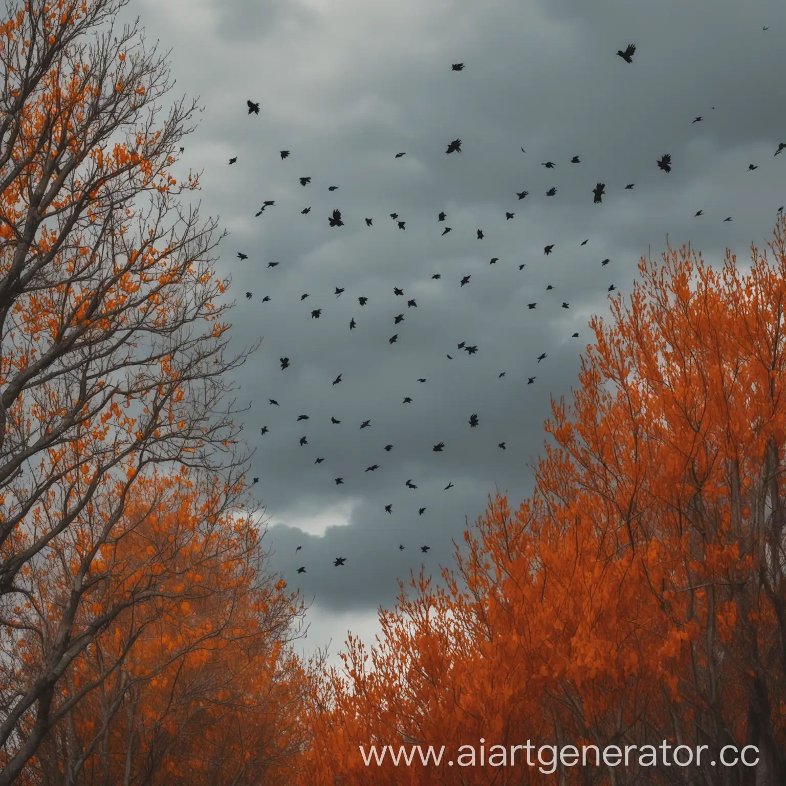 Autumn-Sky-with-Flying-Crows-and-Orange-Treetops
