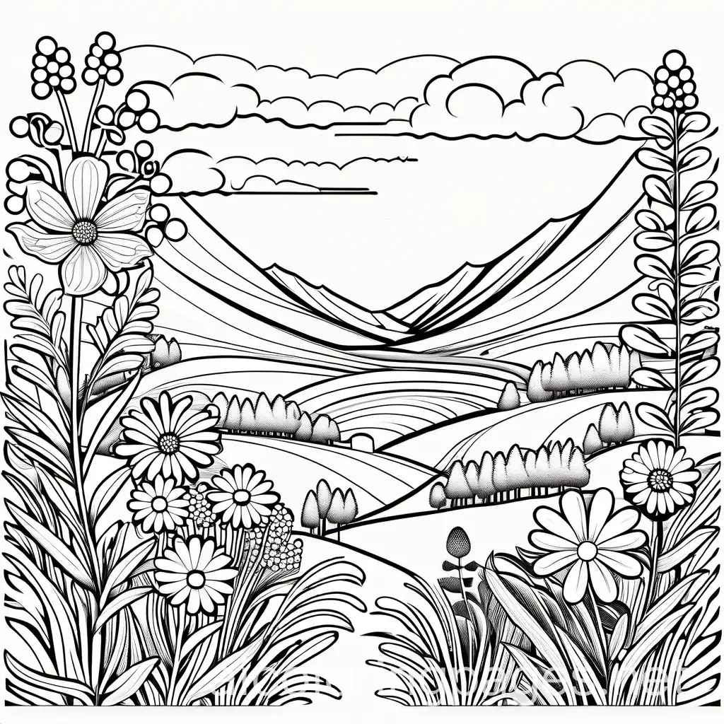Wildflowers in nature, Coloring Page, black and white, line art, white background, Simplicity, Ample White Space. The background of the coloring page is plain white to make it easy for young children to color within the lines. The outlines of all the subjects are easy to distinguish, making it simple for kids to color without too much difficulty